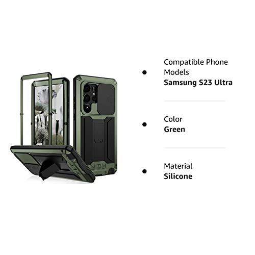 FW Samsung Galaxy S23 Ultra Metal Case with Slide Camera Cover Built in Screen Protector Full Body Hybrid S23 Ultra Case Metal Kickstand Military Heavy Duty Armor Silicone Case for Man Woman (Green)