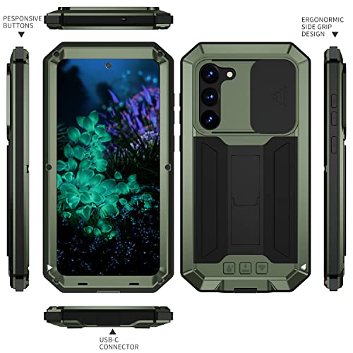 FW Samsung Galaxy S23 Ultra Metal Case with Slide Camera Cover Built in Screen Protector Full Body Hybrid S23 Ultra Case Metal Kickstand Military Heavy Duty Armor Silicone Case for Man Woman (Green)