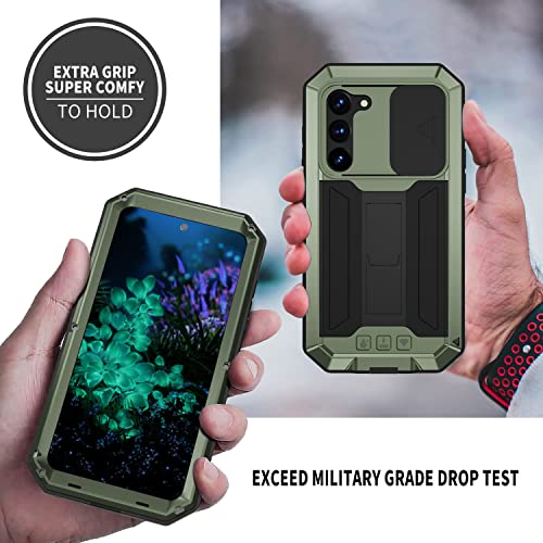 FW Samsung Galaxy S23 Ultra Metal Case with Slide Camera Cover Built in Screen Protector Full Body Hybrid S23 Ultra Case Metal Kickstand Military Heavy Duty Armor Silicone Case for Man Woman (Green)