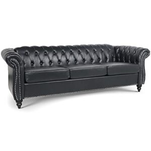 wlvos 84" leather chesterfield sofas for living room, rolled arm 3-seater large couch deep button nailhead tufted upholstered couches for bedroom, office apartment easy to assemble (black)