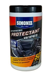 simoniz new car scent advanced uv protectant wipes wipes – interior protectant or most surfaces -  plastic, rubber, vinyl dashboards, seats, doors & tires -great for cars, trucks, suvs, boats 50 count