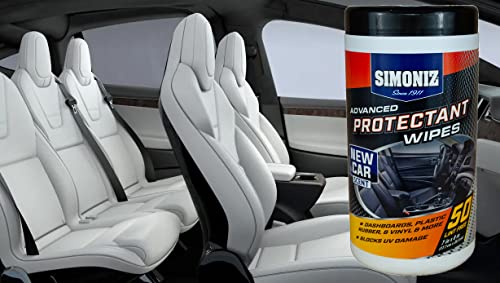 Simoniz New Car Scent Advanced UV Protectant Wipes Wipes – Interior Protectant or Most Surfaces -  Plastic, Rubber, Vinyl Dashboards, Seats, Doors & Tires -Great for Cars, Trucks, SUVs, Boats 50 Count