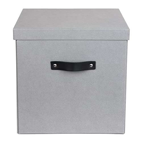 Bigso Logan Storage Box KD | Storage Cubes with Lid for Shelves and Cubical Room Organizers | Collapsible Storage Cube with Leather Handle for Organization | 12.4’’ x 12.4’’ x 12.2’’ (Grey)