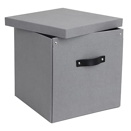 Bigso Logan Storage Box KD | Storage Cubes with Lid for Shelves and Cubical Room Organizers | Collapsible Storage Cube with Leather Handle for Organization | 12.4’’ x 12.4’’ x 12.2’’ (Grey)