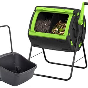 MAZE 48 Gallon Geared Two Compartment Compost Tumbler and MAZE Compost Cart