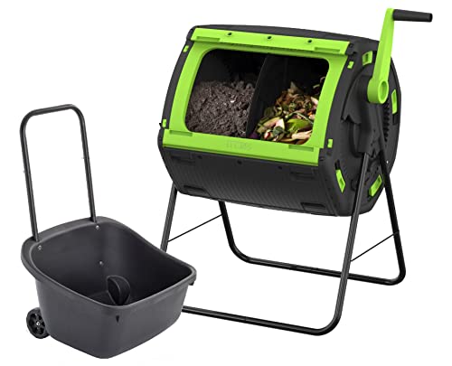 MAZE 48 Gallon Geared Two Compartment Compost Tumbler and MAZE Compost Cart