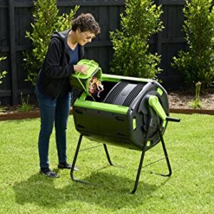 MAZE 48 Gallon Geared Two Compartment Compost Tumbler and MAZE Compost Cart