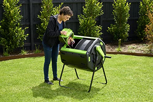 MAZE 48 Gallon Geared Two Compartment Compost Tumbler and MAZE Compost Cart