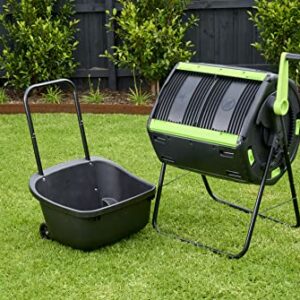 MAZE 48 Gallon Geared Two Compartment Compost Tumbler and MAZE Compost Cart