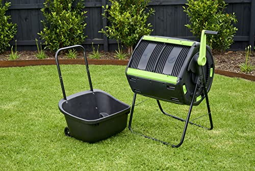 MAZE 48 Gallon Geared Two Compartment Compost Tumbler and MAZE Compost Cart