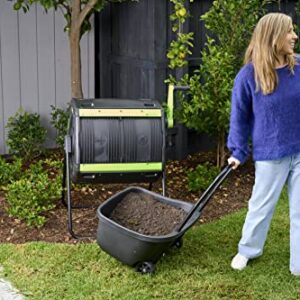 MAZE 48 Gallon Geared Two Compartment Compost Tumbler and MAZE Compost Cart