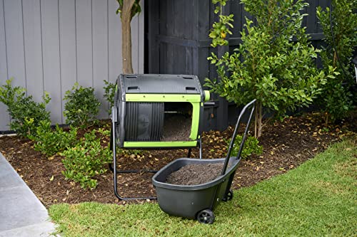 MAZE 48 Gallon Geared Two Compartment Compost Tumbler and MAZE Compost Cart