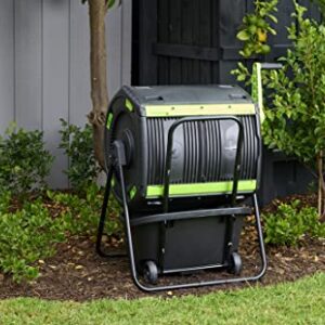 MAZE 48 Gallon Geared Two Compartment Compost Tumbler and MAZE Compost Cart