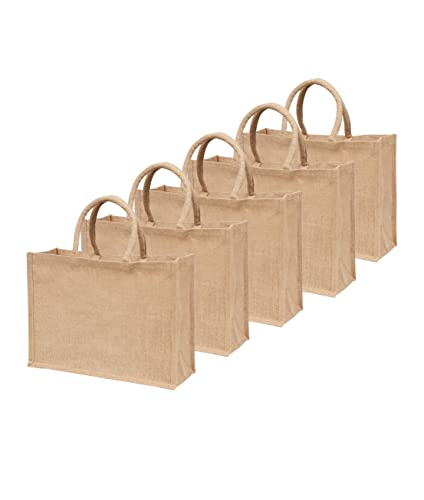 Jute Burlap Tote Bags with Handle | Natural Eco-friendly Reusable Grocery Bag | Totes for bridesmaids | By Yogi's Gift® (Pack of 5)