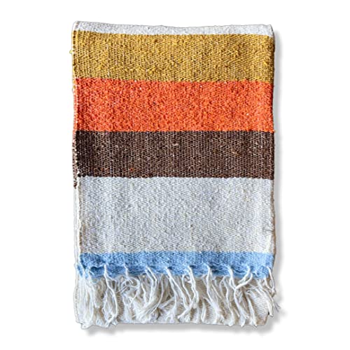 Sundream Supply Mexican Blanket - Thick Authentic Handwoven Beach Blanket, Perfect Outdoor Serape Throw for Picnics Yoga & Camping, Soft Home Decor Falsa Throw, Baja Blanket (Brown, Orange & Gold)