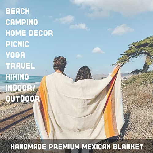 Sundream Supply Mexican Blanket - Thick Authentic Handwoven Beach Blanket, Perfect Outdoor Serape Throw for Picnics Yoga & Camping, Soft Home Decor Falsa Throw, Baja Blanket (Brown, Orange & Gold)