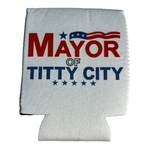 Mayor Of Titty City Can Coozie - Gag Gift - White Elephant Gift - Beer Can Holder Cooler Sleeve - Soda Beer Caddie - Party Humor Decoration (Mayor Of Titty City)