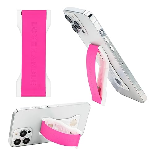 LoveHandle PRO Premium Phone Grip - Silicone Phone Strap - Magnetic Phone Mount and Kickstand for Smartphone and Tablet - Hot Pink Silicone on White Base