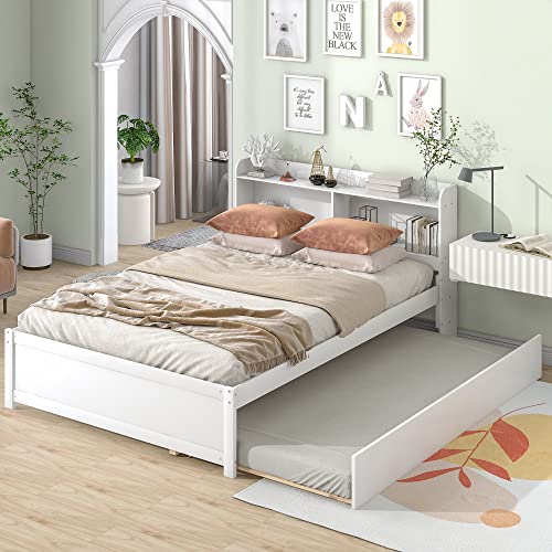 HomSof Full Bed with Trundle and Bookcase,White