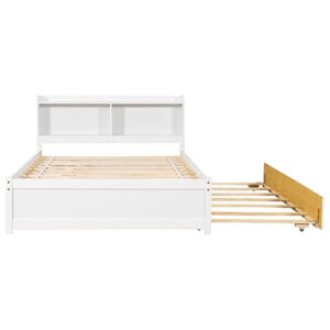 HomSof Full Bed with Trundle and Bookcase,White