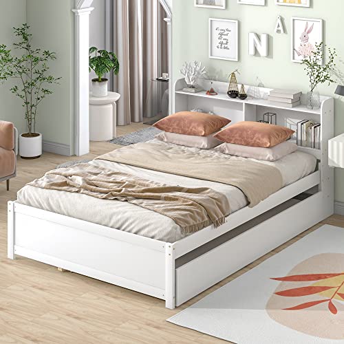 HomSof Full Bed with Trundle and Bookcase,White