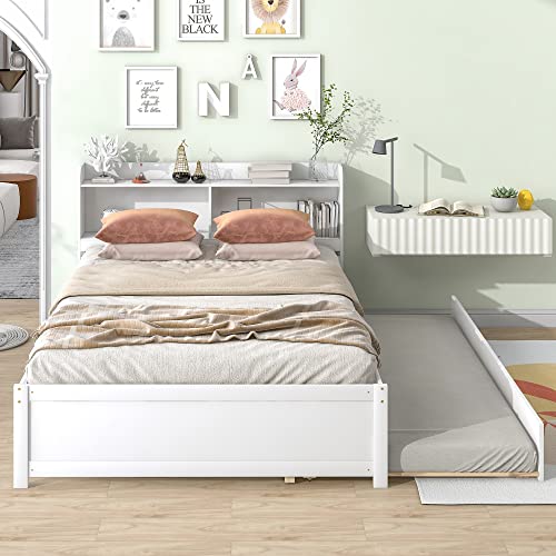 HomSof Full Bed with Trundle and Bookcase,White