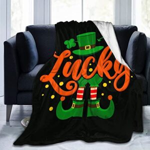 lucky - funny st patrick's day irish leprechaun throw blanket soft warm cozy lightweight blankets lucky green day gift flannel blanket for sofa couch bed office holiday decorative 50"x40"