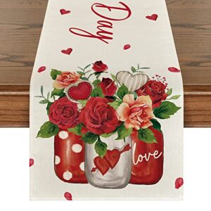 artoid mode rose vase valentine's day table runner, seasonal kitchen dining table decoration for indoor home party 13x72 inch