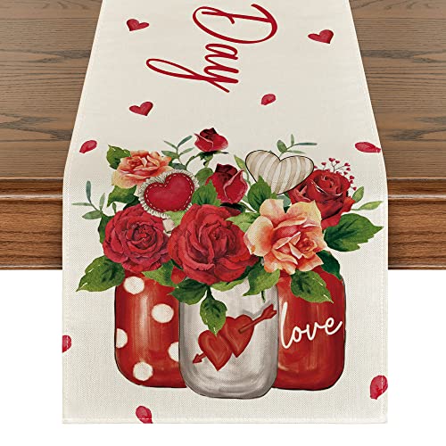 Artoid Mode Rose Vase Valentine's Day Table Runner, Seasonal Kitchen Dining Table Decoration for Indoor Home Party 13x72 Inch