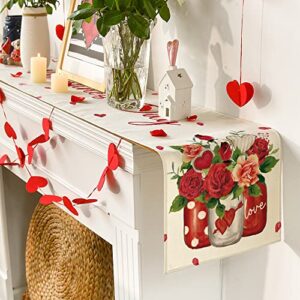 Artoid Mode Rose Vase Valentine's Day Table Runner, Seasonal Kitchen Dining Table Decoration for Indoor Home Party 13x72 Inch