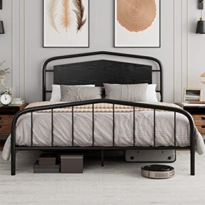 homhougo queen size bed frame with wooden headboard and footboard, heavy duty metal platform bed frame with large under bed storage, noise free, no box spring needed, black