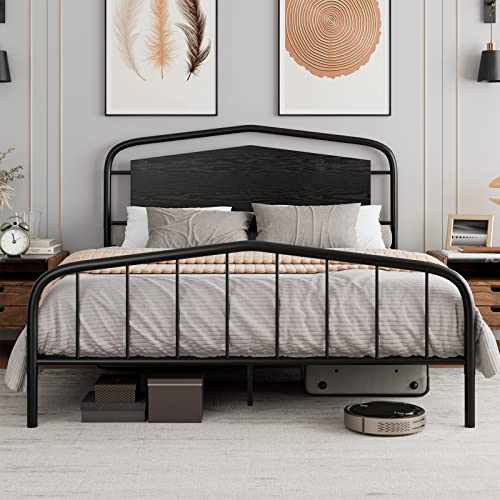 Homhougo Queen Size Bed Frame with Wooden Headboard and Footboard, Heavy Duty Metal Platform Bed Frame with Large Under Bed Storage, Noise Free, No Box Spring Needed, Black