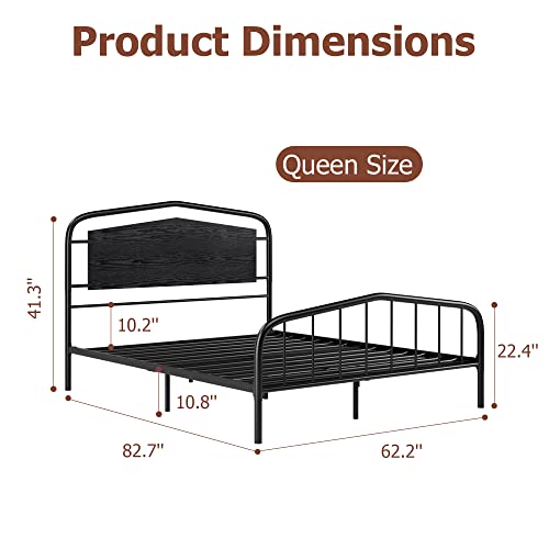 Homhougo Queen Size Bed Frame with Wooden Headboard and Footboard, Heavy Duty Metal Platform Bed Frame with Large Under Bed Storage, Noise Free, No Box Spring Needed, Black