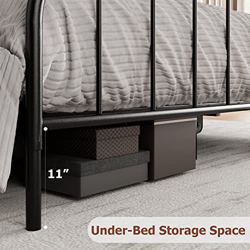 Homhougo Queen Size Bed Frame with Wooden Headboard and Footboard, Heavy Duty Metal Platform Bed Frame with Large Under Bed Storage, Noise Free, No Box Spring Needed, Black