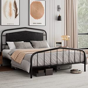 Homhougo Queen Size Bed Frame with Wooden Headboard and Footboard, Heavy Duty Metal Platform Bed Frame with Large Under Bed Storage, Noise Free, No Box Spring Needed, Black
