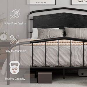 Homhougo Queen Size Bed Frame with Wooden Headboard and Footboard, Heavy Duty Metal Platform Bed Frame with Large Under Bed Storage, Noise Free, No Box Spring Needed, Black