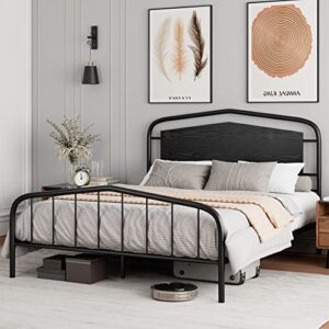 Homhougo Queen Size Bed Frame with Wooden Headboard and Footboard, Heavy Duty Metal Platform Bed Frame with Large Under Bed Storage, Noise Free, No Box Spring Needed, Black