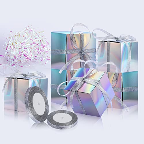 24 Pieces Iridescent Party Boxes 4x4x4 inch Holographic Foil Boxes with Ribbon Iridescent Wedding Treat Candy Cookies Party Favors Gift Boxes Paper Shred Iridescent for Bridesmaid Birthday Graduat