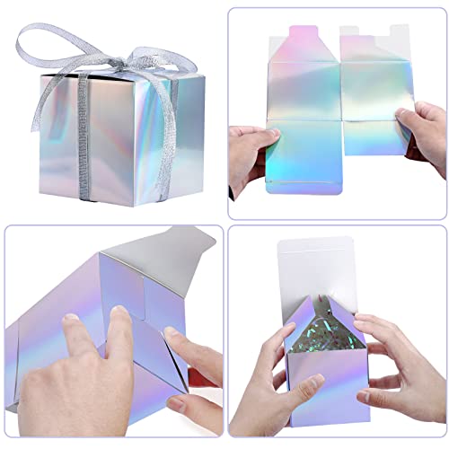 24 Pieces Iridescent Party Boxes 4x4x4 inch Holographic Foil Boxes with Ribbon Iridescent Wedding Treat Candy Cookies Party Favors Gift Boxes Paper Shred Iridescent for Bridesmaid Birthday Graduat