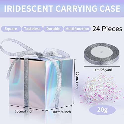 24 Pieces Iridescent Party Boxes 4x4x4 inch Holographic Foil Boxes with Ribbon Iridescent Wedding Treat Candy Cookies Party Favors Gift Boxes Paper Shred Iridescent for Bridesmaid Birthday Graduat