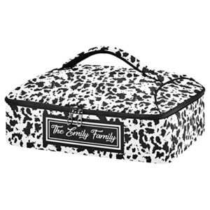 black white cow print custom casserole carriers for hot or cold food personalized name insulated casserole dish carrier bag lunch tote bag for cookouts party picnic beach