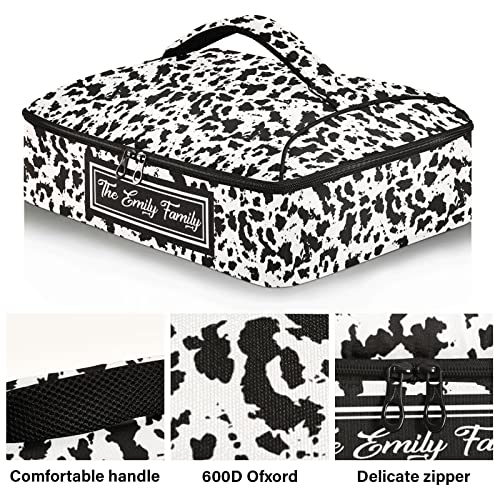 Black White Cow Print Custom Casserole Carriers for Hot or Cold Food Personalized Name Insulated Casserole Dish Carrier Bag Lunch Tote Bag for Cookouts Party Picnic Beach