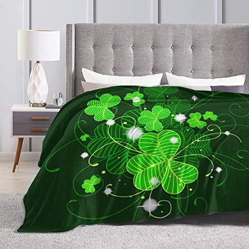 JSHXJBWR St. Patrick's Day Four Leaf Clover Throw Blanket Warm Cozy Lightweight Blankets Lucky Green Day Gift Flannel Blanket for Sofa Couch Bed Office Holiday Decorative 50"X40"