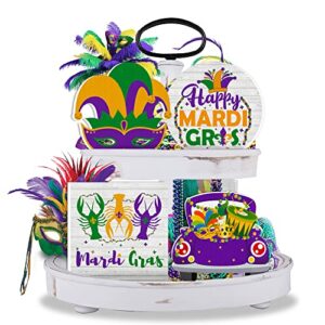 4 pcs mardi gras tiered tray decor (tray not included) - mardi gras wooden sign decorations crown mask truck wood table signs new orleans carnival holiday masquerade party decor for home kitchen