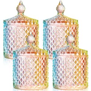 4 pcs crystal glass candy jar with lid home decorative jar glass storage bathroom jars jewelry box canister jar for cotton swab glass jar decor for bathroom, pantry, living room, kitchen (colorful)