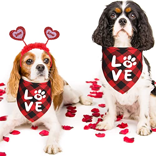 JOTFA Valentine's Day Dog Bandana Costumes, Valentines Love Headband Buffalo Plaid Dog Valentines Bandanas for Small Medium Large Dogs