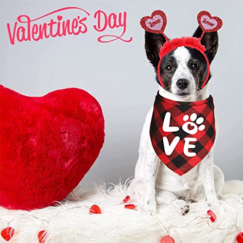 JOTFA Valentine's Day Dog Bandana Costumes, Valentines Love Headband Buffalo Plaid Dog Valentines Bandanas for Small Medium Large Dogs