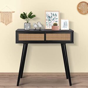 Console Table, Small Entryway Table, Console Tables for Entryway, Rattan Dresser Side Table Black Entry Table Narrow Console Table Modern Hallway Table Boho Sofa Table for Living Room, Vanity Desk