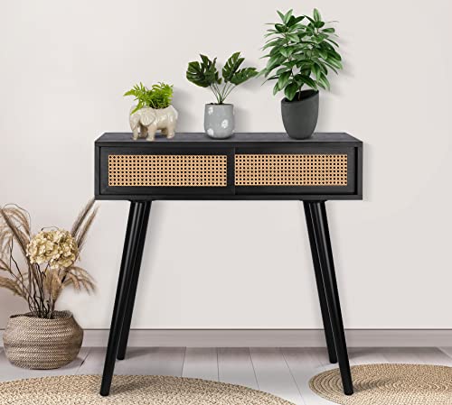 Console Table, Small Entryway Table, Console Tables for Entryway, Rattan Dresser Side Table Black Entry Table Narrow Console Table Modern Hallway Table Boho Sofa Table for Living Room, Vanity Desk