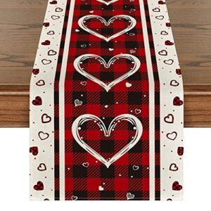 artoid mode buffalo plaid love hearts mother's day table runner, seasonal kitchen dining table decoration for indoor home party 13x72 inch